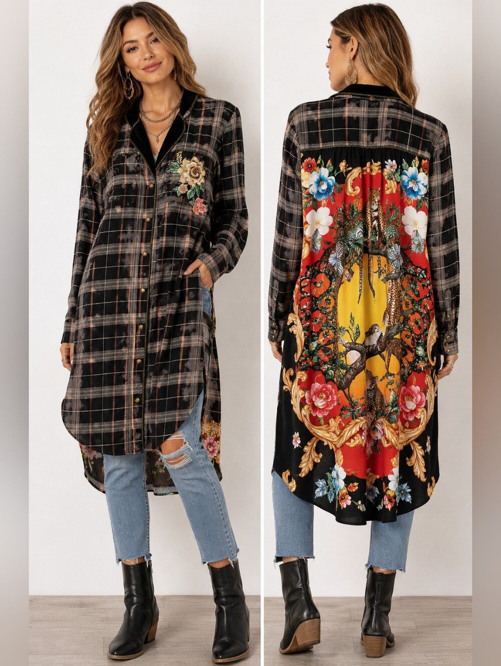 Aratta Queen Rules Shirt Dress Plaid Leopard Embroidered Duster Small NWT